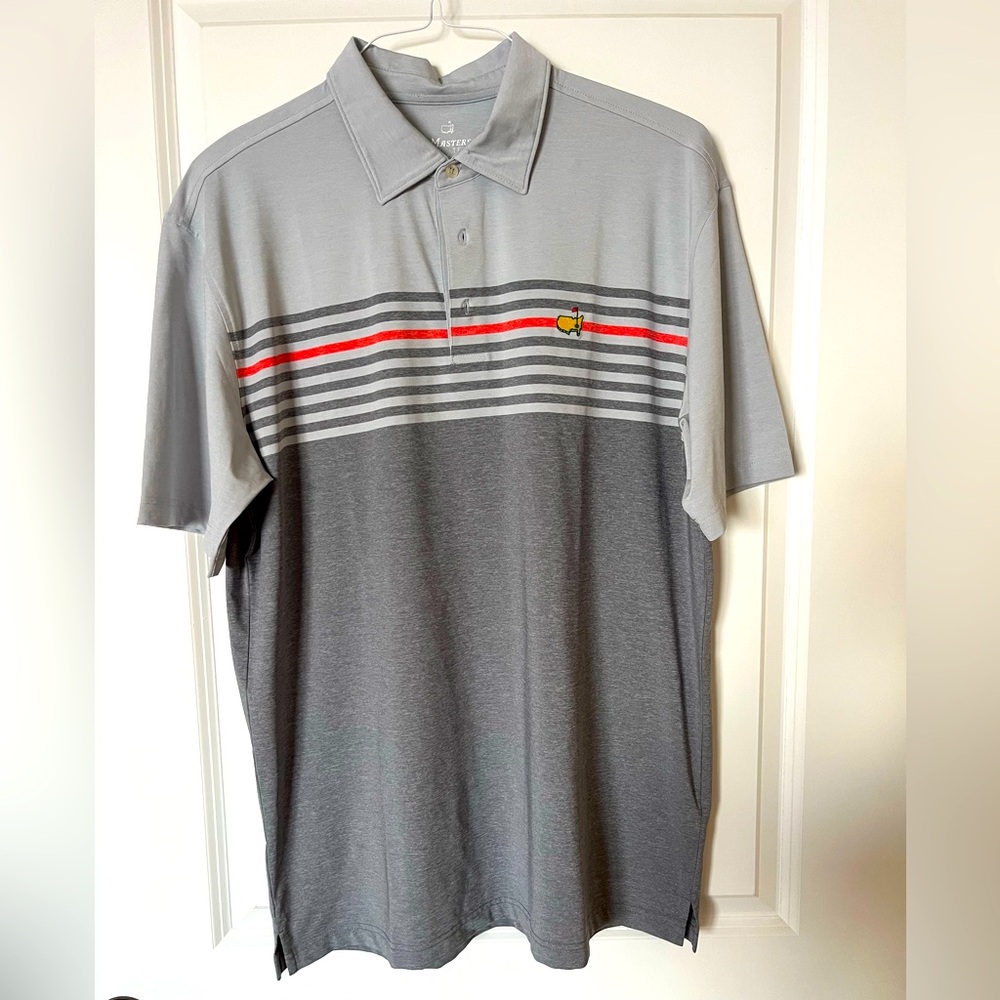 Men’s Masters Tech Golf Shirt - gray with dark gray and red stripe, size L
